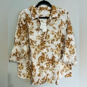 Charter Club Luxury Linen Floral Button Down XL Old Money Coastal Grandmother